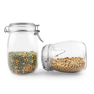 High Quality 850ml 1000ml Food Storage Hermetic Glass Clip Jar Transparent Round Shape Glass Jar with Clip Top