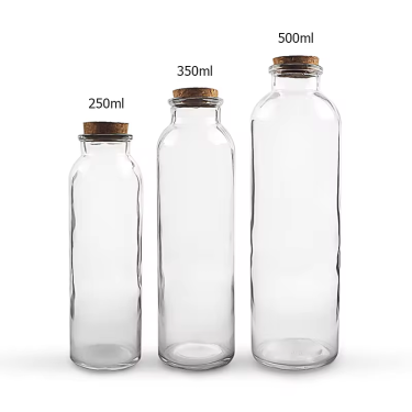 Custom Logo 250ml 350ml 500ml Transparent Empty Glass Beverage Bottle Round Shape Jucie Milk Cold Drinking Glass Bottle with Cork