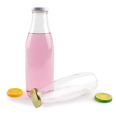 Wholesale 200ml 230ml 500ml 950ml Clear Round Shape Juice Milk Coffee Beverage Glass Bottle with Colorful Metal Lid