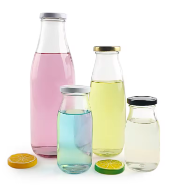 Wholesale 200ml 230ml 500ml 950ml Clear Round Shape Juice Milk Coffee Beverage Glass Bottle with Colorful Metal Lid