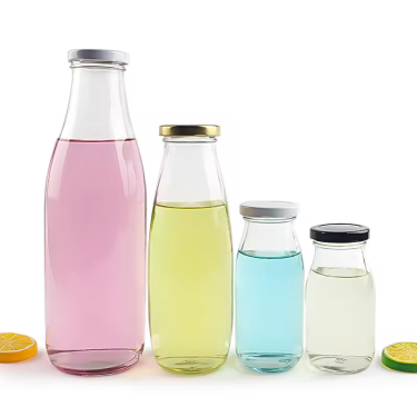 Wholesale 200ml 230ml 500ml 950ml Clear Round Shape Juice Milk Coffee Beverage Glass Bottle with Colorful Metal Lid