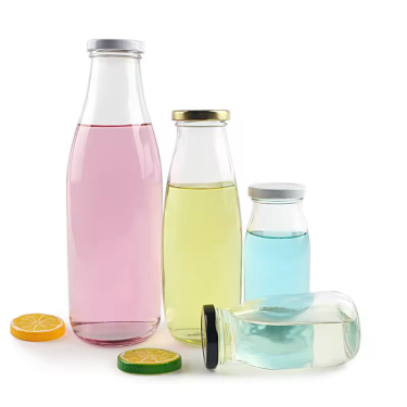 Wholesale 200ml 230ml 500ml 950ml Clear Round Shape Juice Milk Coffee Beverage Glass Bottle with Colorful Metal Lid