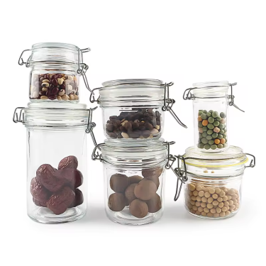 Clear empty small round glass food jar 50ml 100ml 200ml 300ml 450ml glass storage container jar with clip lid