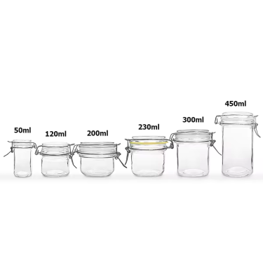 Clear empty small round glass food jar 50ml 100ml 200ml 300ml 450ml glass storage container jar with clip lid