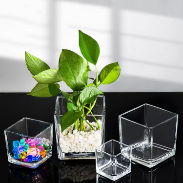 Simple crystal square shape glass vase candle jar decorated hydroponic plant bottle Transparent flower pot wholesale