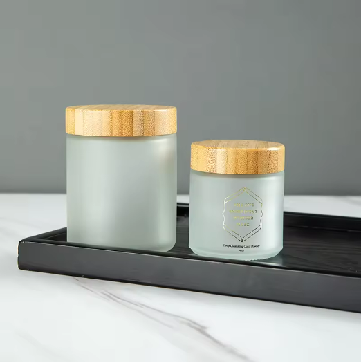 High Quality Empty sets clear frosted glass cream jar with bamboo lid glass bottle for toner lotion cosmetic packaging