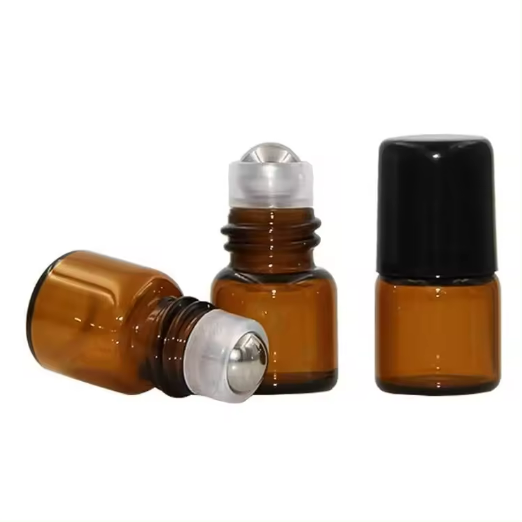 Aromatherapy Essential Oil Roll On Bottle1 ml Amber Glass Micro Mini Roll-on Sample Glass Bottles with Metal Roller Balls