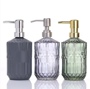 Embossing glass bottle 400ml Colored Liquid Soap Lotion Shampoo Glass Bottle With Pump Top