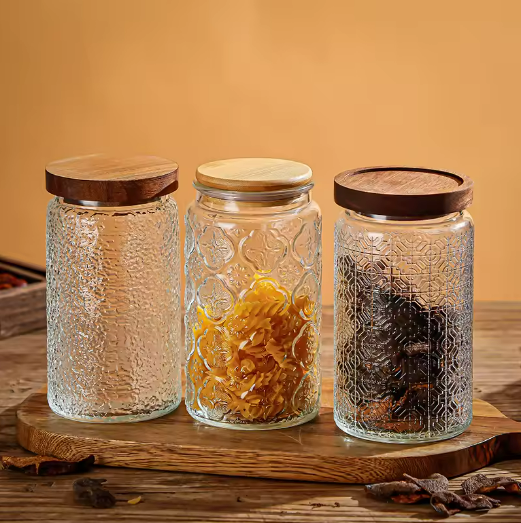 Custom Food Grade Kitchen Glass Jar Set Air Tight Decorative Glass Jars for Honey Matches with Bamboo Wooden Lids