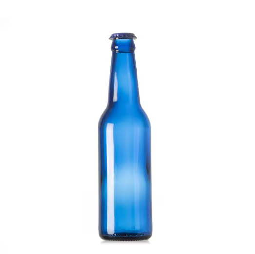 Blue beer bottle with crown cap 330ml empty glass bottle supplier wholesale