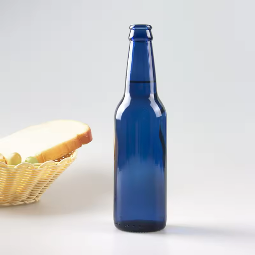 Blue beer bottle with crown cap 330ml empty glass bottle supplier wholesale