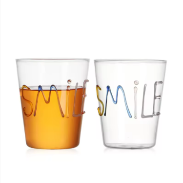 Beauty design 400ml high borosilicate transparent juice soda glass cup with embossed logo ,handmade gift