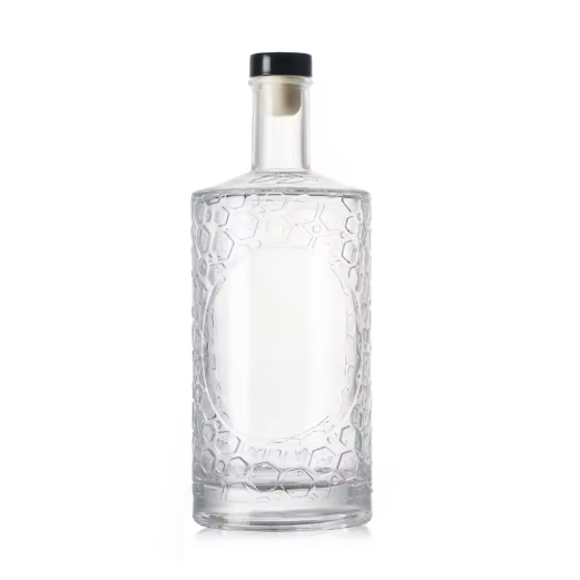 Engraving pattern cylinder shape 1000ml clear glass wine bottle Whiskey spirit bottles with cork