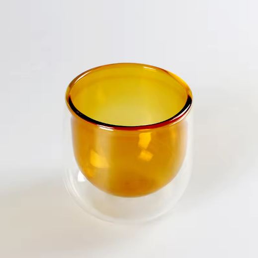 Unique design double-layer 200ml yellow high borosilicate glass beverage cup gift set