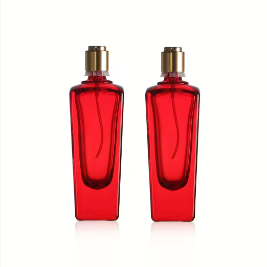 New arrivals 50ml cone design red color glass perfume bottles with pump sprayer