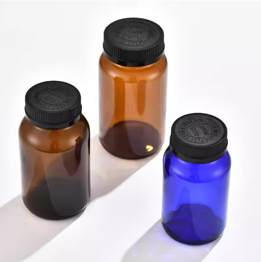 Wholesale 75ml-500ml amber blue color glass medicine bottles tablets pill bottles with black child proof cap