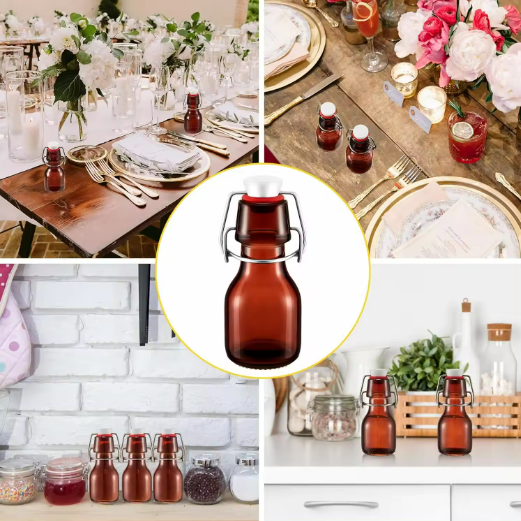 Amber Mini Glass Bottle with Swing Top Decorative Mini Olive Oil Bottles Small 2 Oz Glass Jars with Lids for Wedding