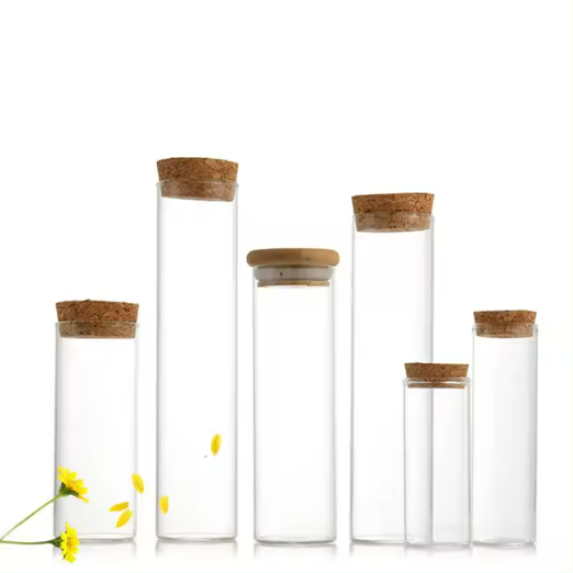 factory direct Borosilicate mini spice jar clear glass test tube bottle food storage display bottle with cork lid 30ml 50ml 90ml