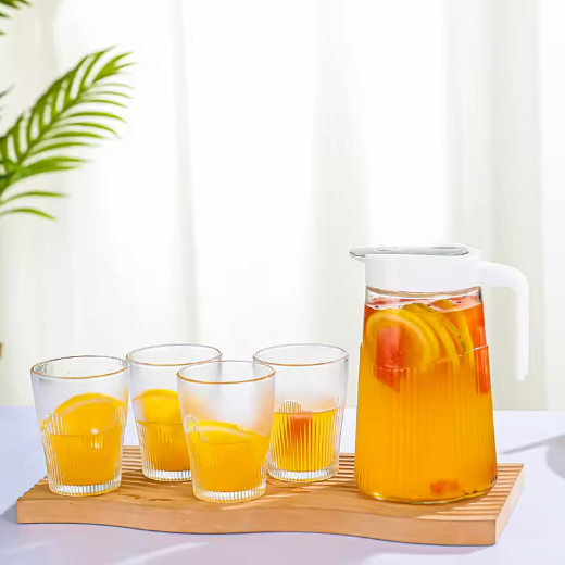 Modern Striped Line Pattern Transparent Water Jug Ice Tea Glass Juice Pitcher With 4 270ml Glass Cups Set