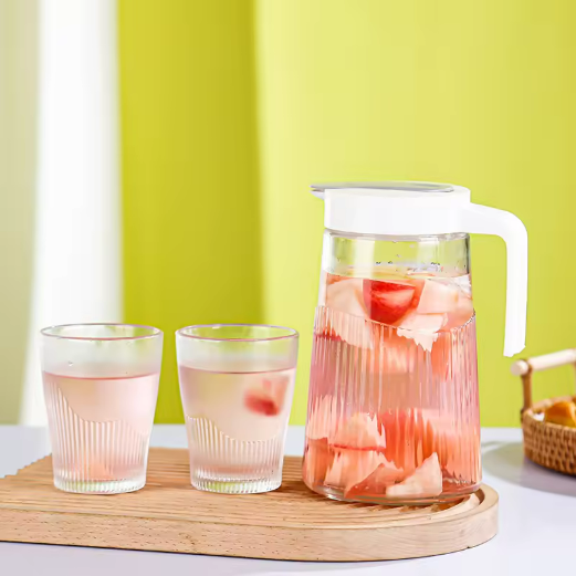 Modern Striped Line Pattern Transparent Water Jug Ice Tea Glass Juice Pitcher With 4 270ml Glass Cups Set