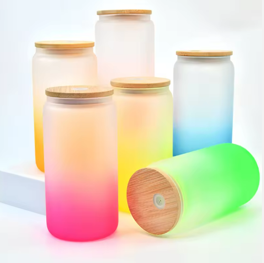 Hot selling 16 oz, 20 oz frosted gradient color coffee soda water beer sublimation glass jar with bamboo lid