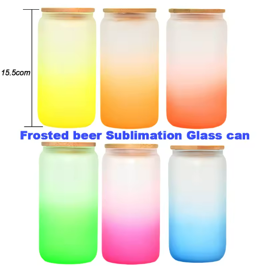 Hot selling 16 oz, 20 oz frosted gradient color coffee soda water beer sublimation glass jar with bamboo lid