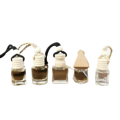 Empty 6ml 7ml 8ml custom logo printing glass car air freshener hanging perfume fragrance bottles with wooden caps diffuser