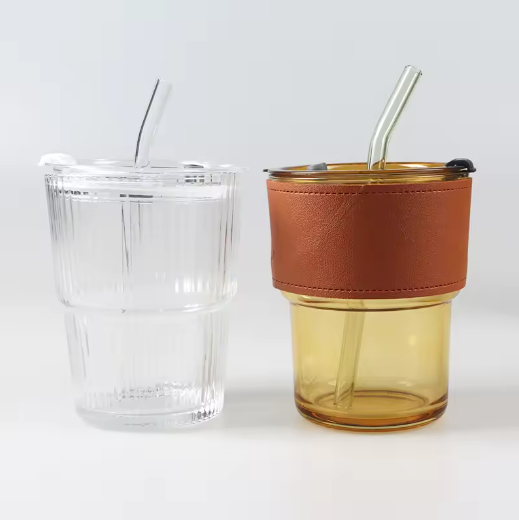 Hot Sale 350ml 12oz amber clear Glass Water Bottle with Lid and Straw