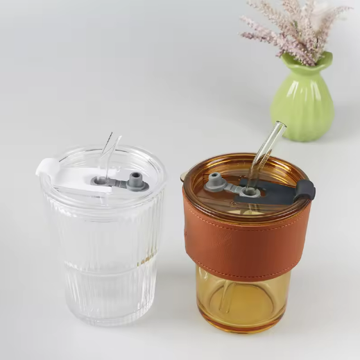 Hot Sale 350ml 12oz amber clear Glass Water Bottle with Lid and Straw