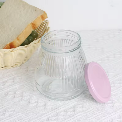 Factory price 450 ml clear stripe glass honey jar with lid wholesale