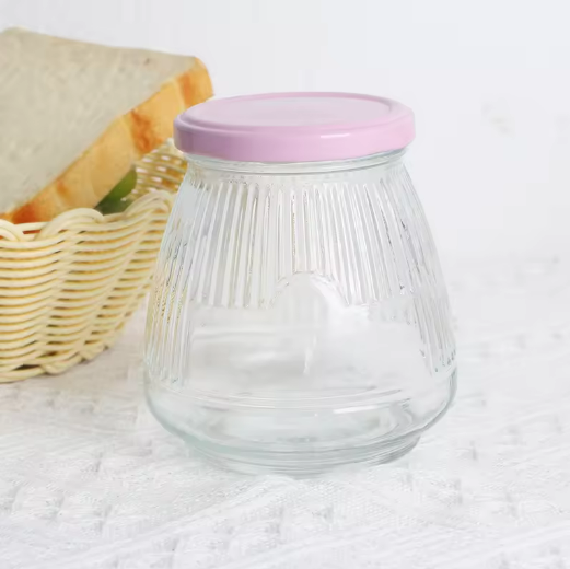 Factory price 450 ml clear stripe glass honey jar with lid wholesale