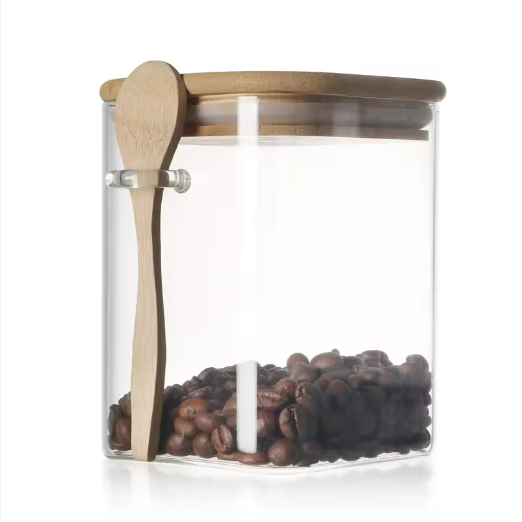 Square Straight Side High Borosilicate Glass Jar Glass Storage Jar With Airtight Bamboo Lid And Spoon