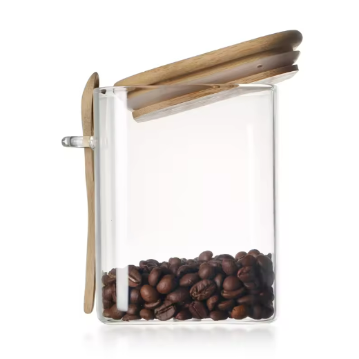 Square Straight Side High Borosilicate Glass Jar Glass Storage Jar With Airtight Bamboo Lid And Spoon