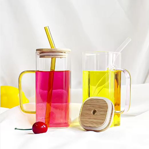 380ml Clear Square Base Glass Cup with Bamboo Lids and Straws Transparent Square Glass Coffee Cup with Handle