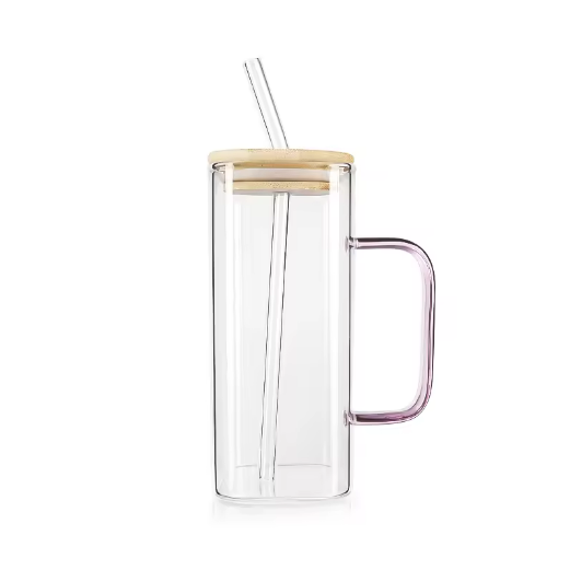 380ml Clear Square Base Glass Cup with Bamboo Lids and Straws Transparent Square Glass Coffee Cup with Handle