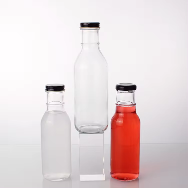 Bulk customized empty 300ml beverage glass bottle for soda juice cold drinking with 38mm metal lid