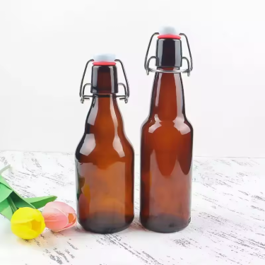 Wholesale High Quality 330ml Amber Glass Beer Bottle Cold Drinking Soft Drink Glass Bottle with Swing Top Clip Cap