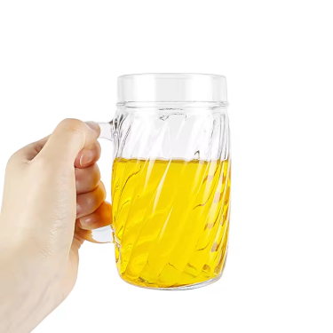 Wholesale High Quanlity 500ml Clear Empty Embossing Glass Beer Bottle Beverage Juice Coffee Cold Drinking Glass Cups with Handle