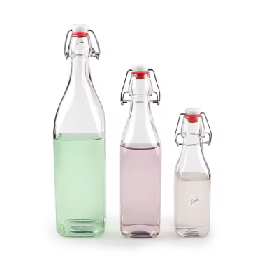 Wholesale Empty 250ml 500ml 1000ml Clear Square Water Juice Beer Ferment Beverage Glass Bottle With Swing Top