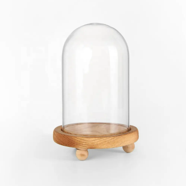 Hand Blown Decorative Clear Display Glass Dustproof Cloche Candle Jar Dome Cover With Bamboo Wooden Base
