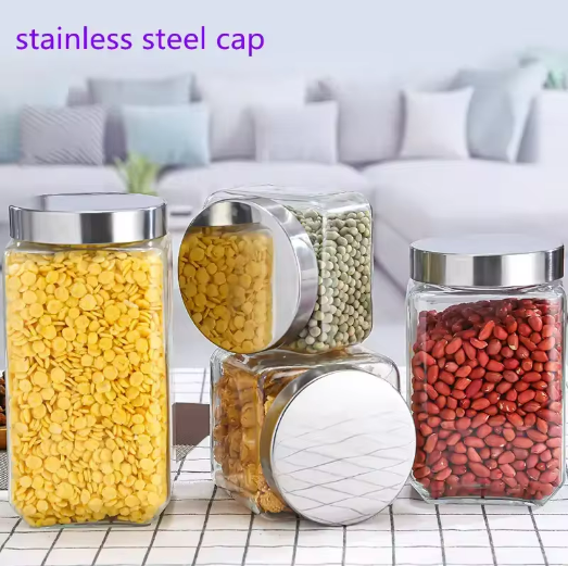 high quality square screw twist glass spice jars 450ml-2200ml large mason jar with stainless lid