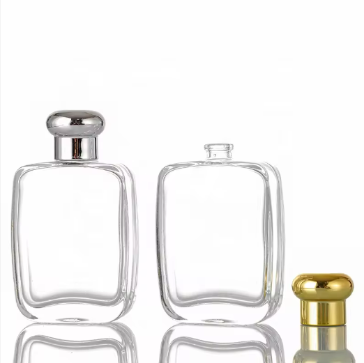 Custom Clear Perfume Bottles 50 Ml 100ml Flat Square Empty Glass Bottles For Perfume Oil With Silver Lids