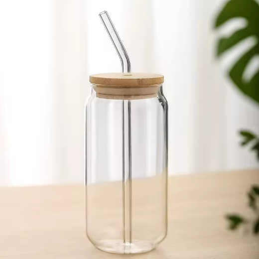 16oz Custom wholesale glass bottles with straw and bamboo lid 350ml 500ml water drink bottle glass juice cup milk bottle ﻿