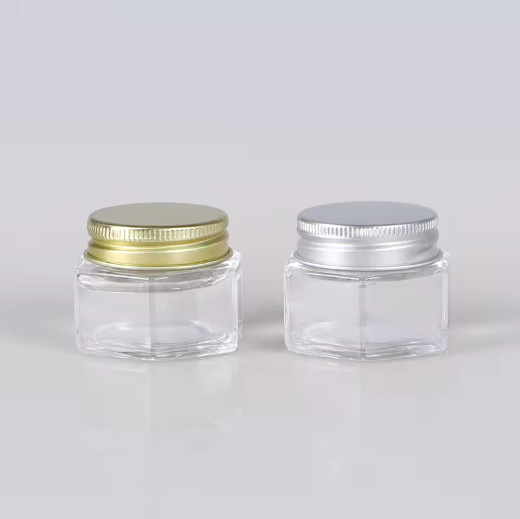 20ml green herb jar cometic skin care cream hexagonal empty transparent glass jars wih silver gold screw caps