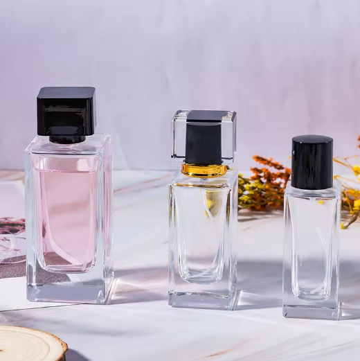 Popular recently flat shoulder crimp sprayer neck 50ml empty square glass bottle perfume packaging with 3 types of lids