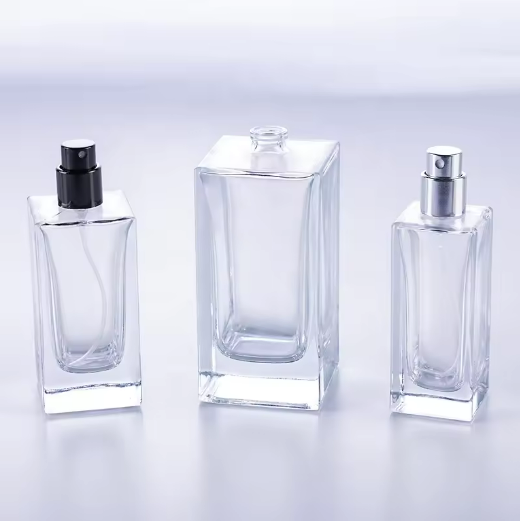 Popular recently flat shoulder crimp sprayer neck 50ml empty square glass bottle perfume packaging with 3 types of lids