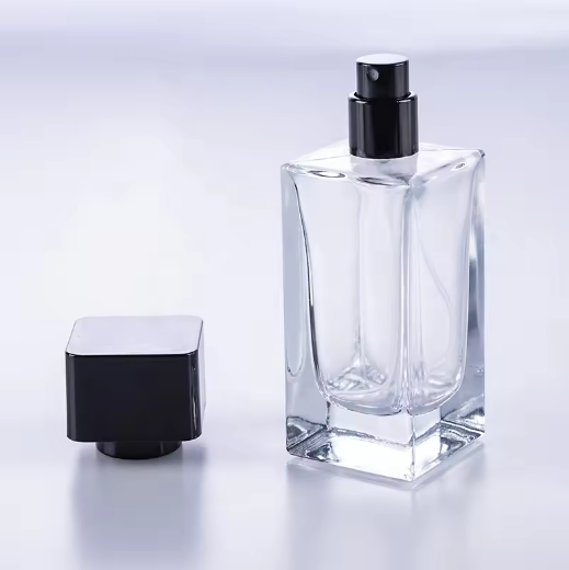 Popular recently flat shoulder crimp sprayer neck 50ml empty square glass bottle perfume packaging with 3 types of lids