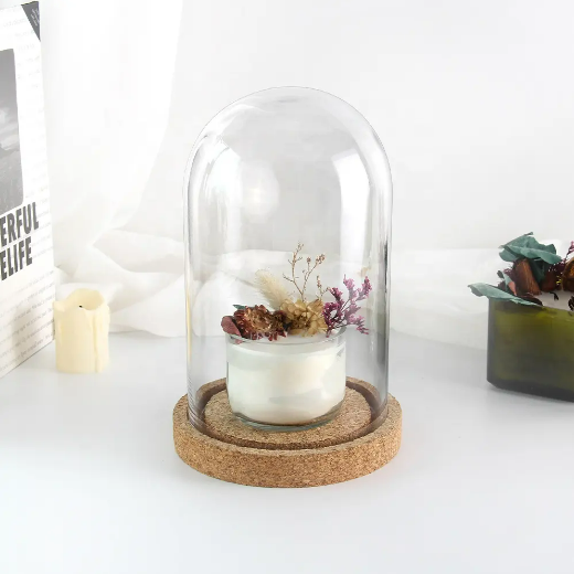 Custom Clear Antique Round Cylinder Flower Glass Dome Cover With Cork Wooden Base for Decoration&Candle