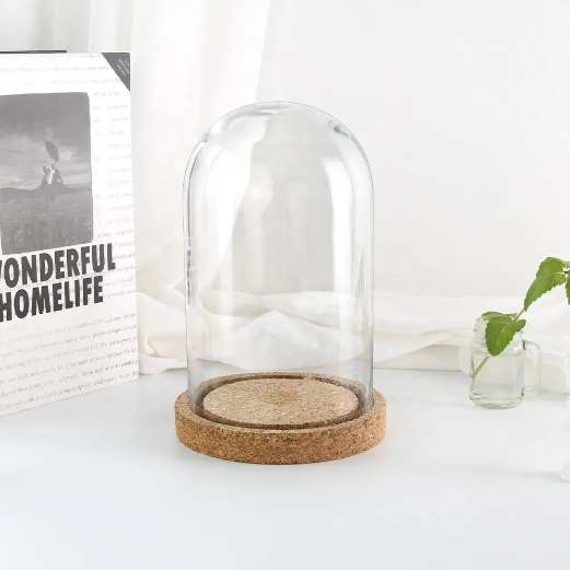 Custom Clear Antique Round Cylinder Flower Glass Dome Cover With Cork Wooden Base for Decoration&Candle