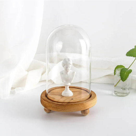 Hand Blown Decorative Clear Display Glass Dustproof Cloche Candle Jar Dome Cover With Bamboo Wooden Base